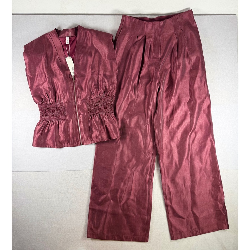 Glam Burgundy Satin 2 Piece Set Zip Peplum Top High Waist Wide Leg Pants Medium